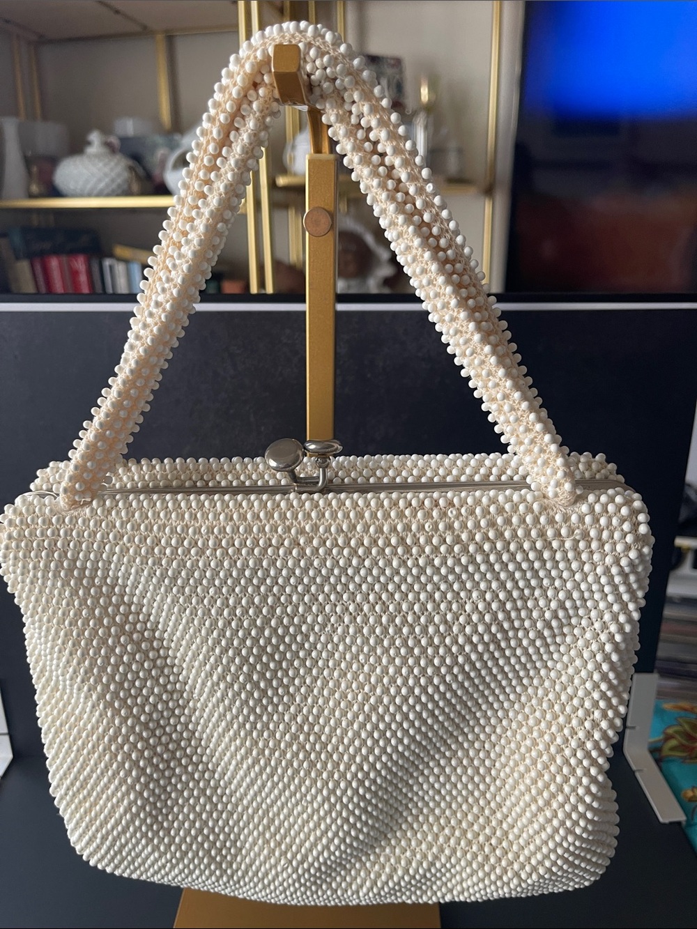 Ivory Pearl Beaded Structured Top-Handle Clutch